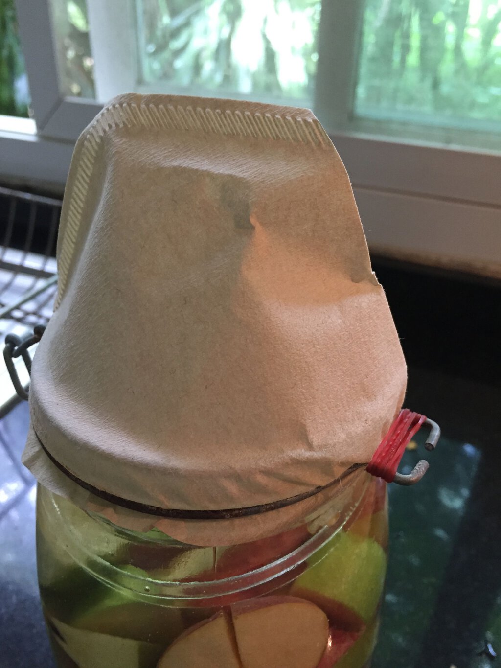Apple cider vinegar fermentation jar, detail of coffee-filter hat