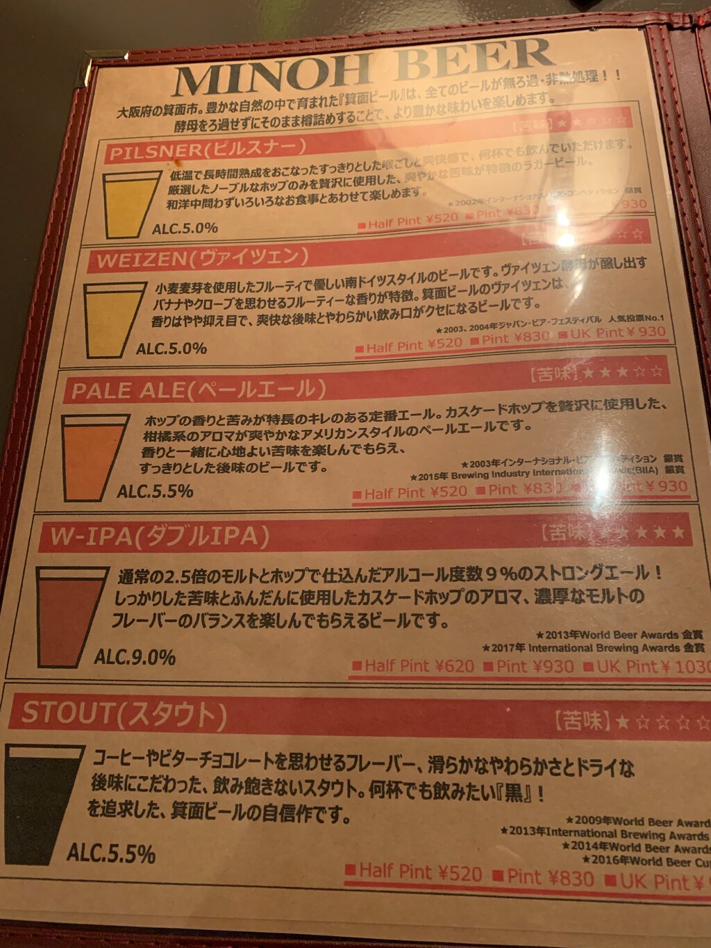 First page of the Beer Belly / Minoh Menu, Osaka